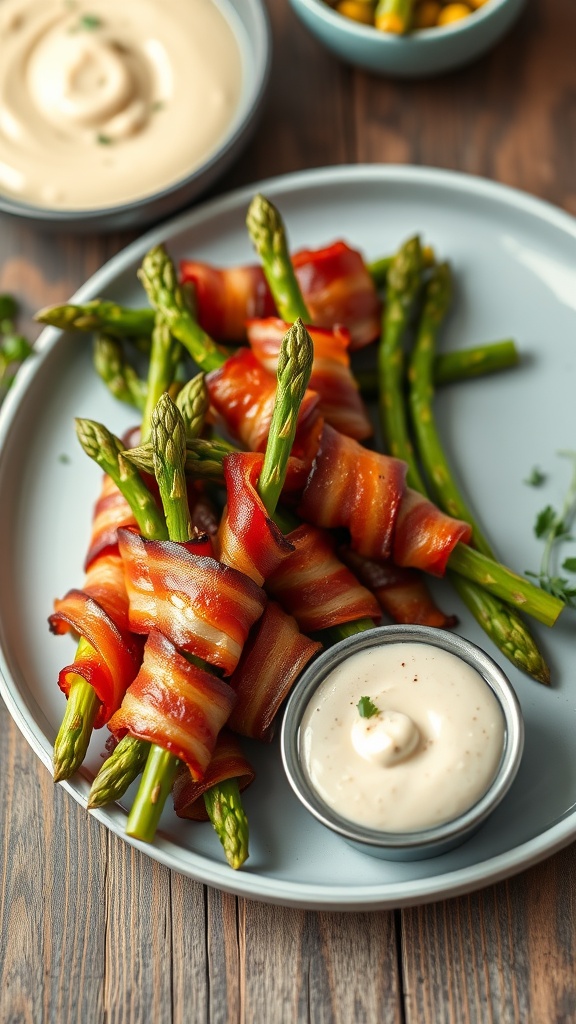 A delicious serving of bacon-wrapped asparagus on a plate, garnished with herbs.
